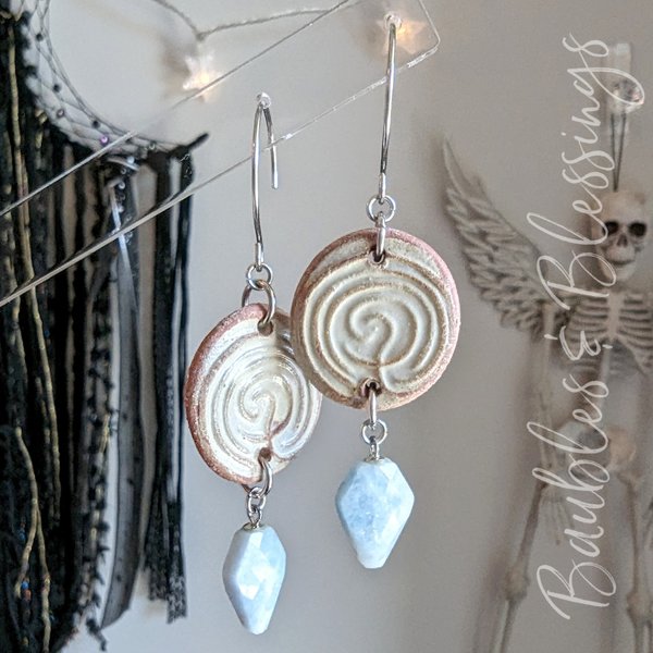 Earthy Labyrinth Earrings with Faceted Aquamarine Drops