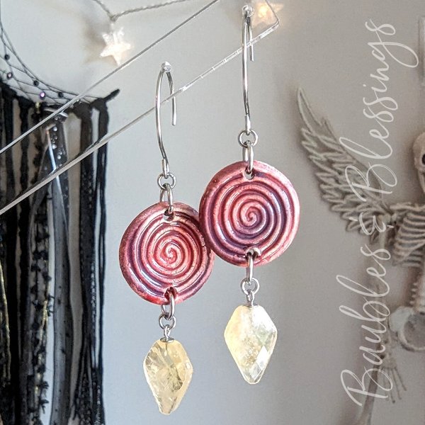 Magenta Spiral Earrings with Faceted Citrine Drops