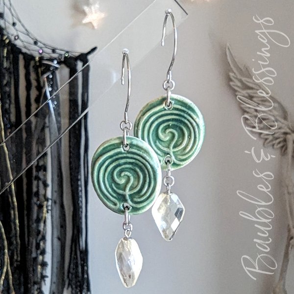Green Labyrinth Earrings with Faceted Citrine Drops