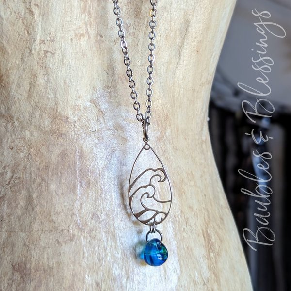 Sterling Silver Blue Wave Pendant with Lampwork Glass