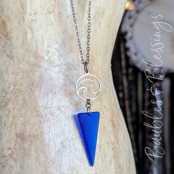 Stainless Steel Blue Wave Pendant with Beach Glass