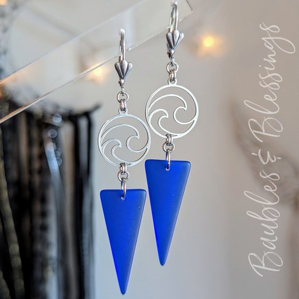 Stainless Steel Blue Wave Earrings with Beach Glass