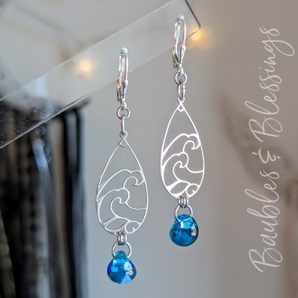 Sterling Silver Blue Wave Earrings with Lampwork Glass
