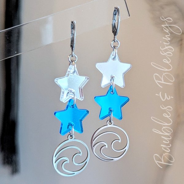 Blue Wave Earrings with Mirrored Acrylic Stars