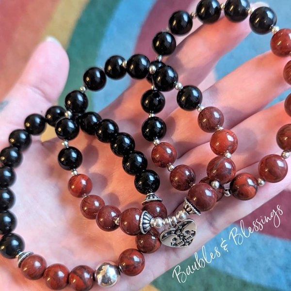 Onyx & Apple Jasper Stretch Bracelets with Sterling Silver (MTO)