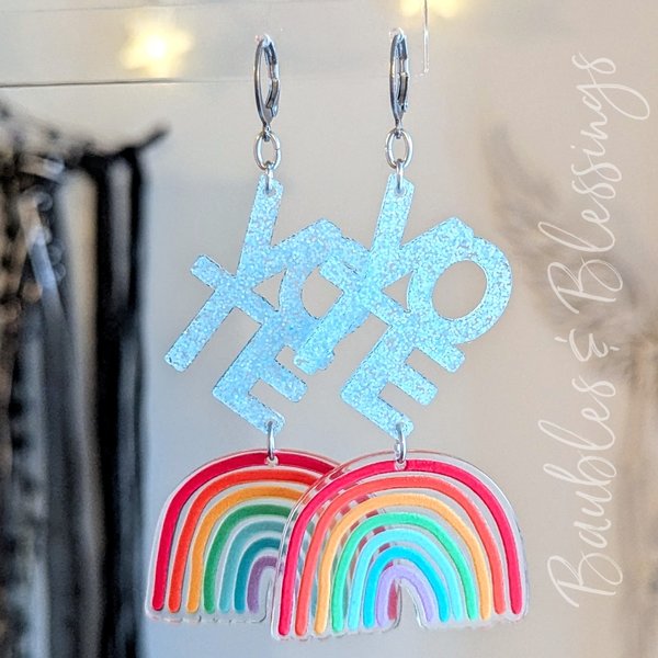 Vote Blue Earrings with Glitter & Acrylic Rainbow Charns