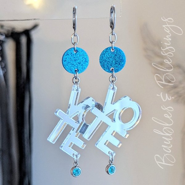 Vote Blue Earrings with Mirrored Acrylic Charms & Rhinestones
