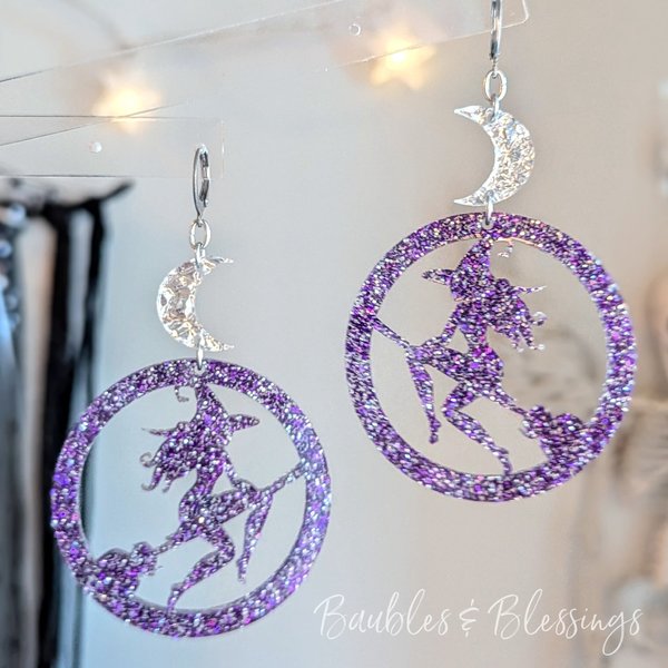 Oversized Acrylic Witch Earrings with Purple Glitter