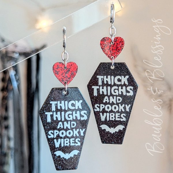 "Thick Things & Spooky Vibes" Earrings with Glitter Coffins