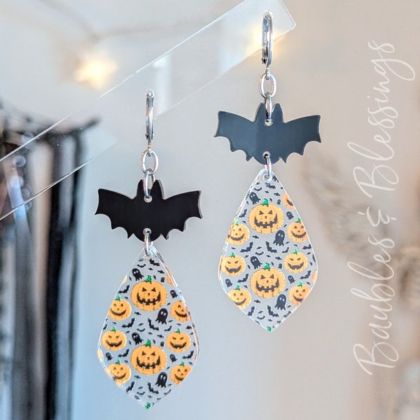 Acrylic Earrings with Bat & Jack O'lantern Charms