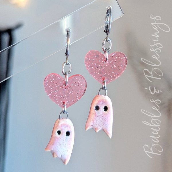 Swoopy Pink Ceramic Ghost Earrings with Pink Glitter Hearts
