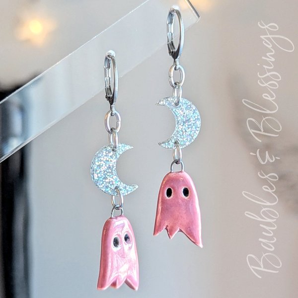 Swoopy Dark Pink Ceramic Ghost Earrings with Holographic Moons