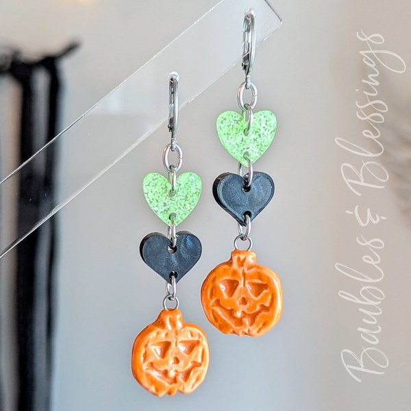 Ceramic Jack O'lantern Earrings with Acrylic Hearts