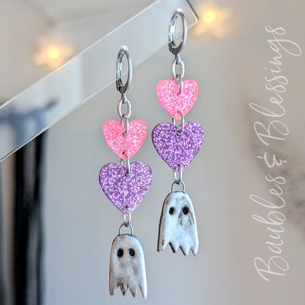 Spooky Ceramic Ghost Earrings with Glittery Hearts
