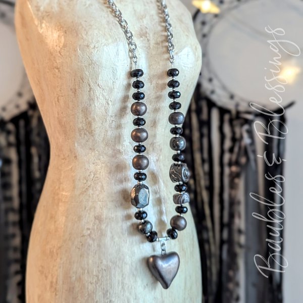 Dark Heart Necklace with Faceted Onyx & Gaea Beads