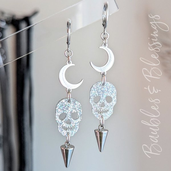 Spiky Glam Crescent Moon Earrings with Holographic Skulls