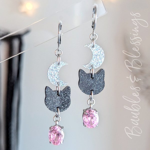 Sparkly Black Cat & Crescent Moon Earrings with Pink Crystals