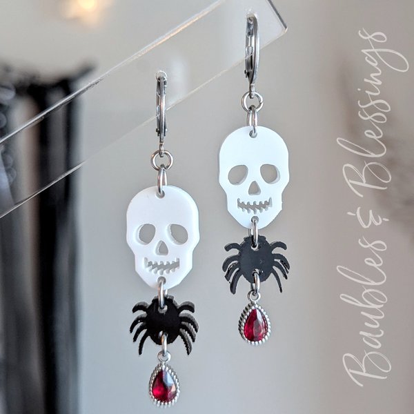 Spooky Halloween Earrings with Skulls, Spiders & Red Crystals