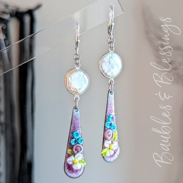 Pearl Earrings with Lampwork Enameled Purple Flowers