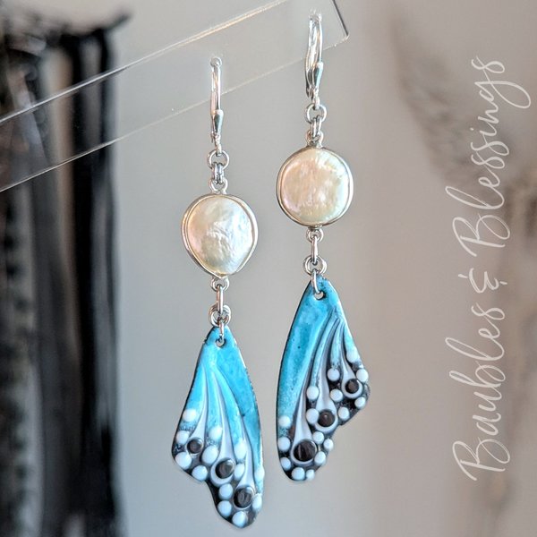 Pearl Earrings with Lampwork Enameled Butterfly Wings