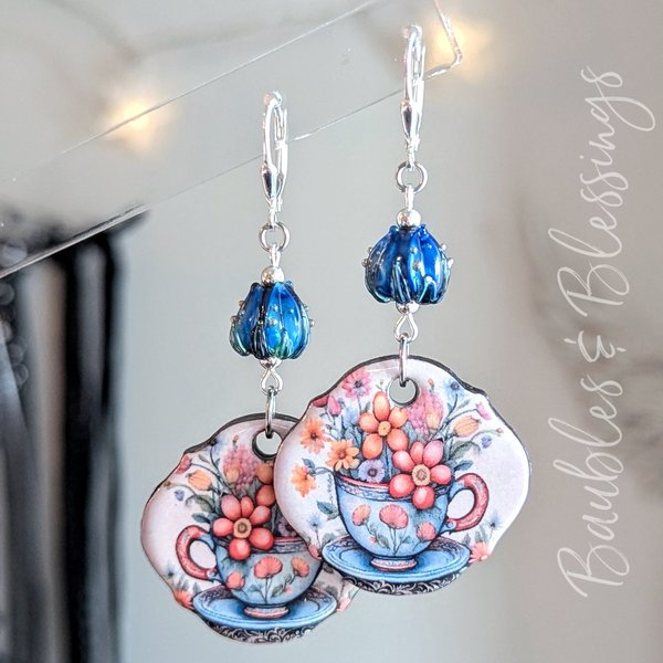 Blue Teacup Floral Earrings with Handmade Ceramic Charms