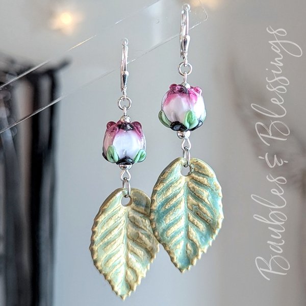 Elegant Rose Earrings with Handmade Ceramic Charms