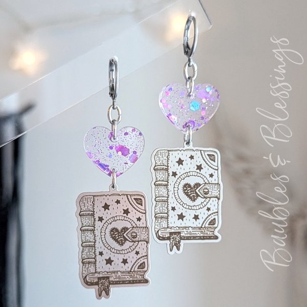 Stainless Steel & Glittery Acrylic Love Spellbook Earrings 
