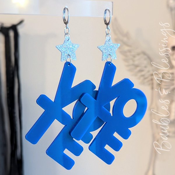 XL Lightweight Vote Blue Earrings with Holographic Stars