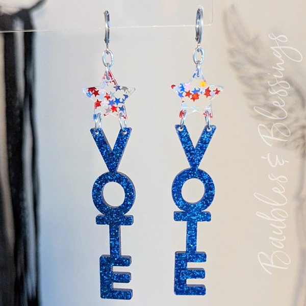 XL Vote Blue Glitter Earrings with Patriotic Stars