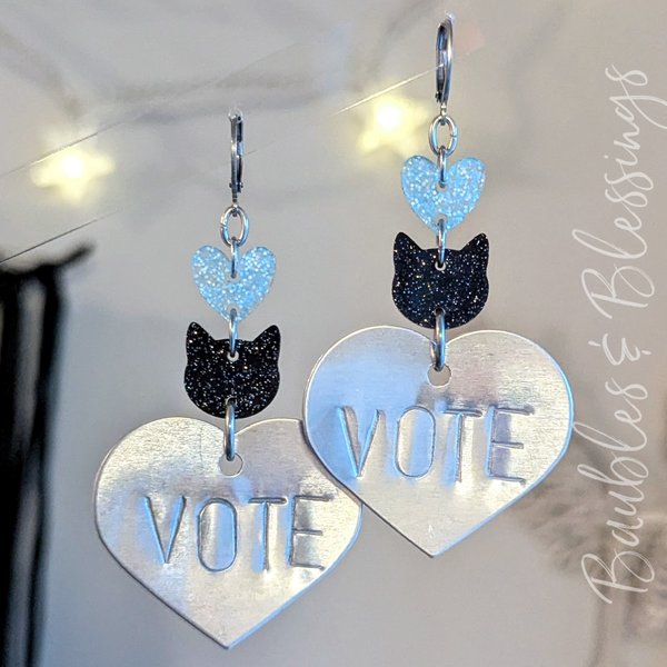 Hand-stamped Cat Lady VOTE Earrings with Glittery Kitties & Hearts