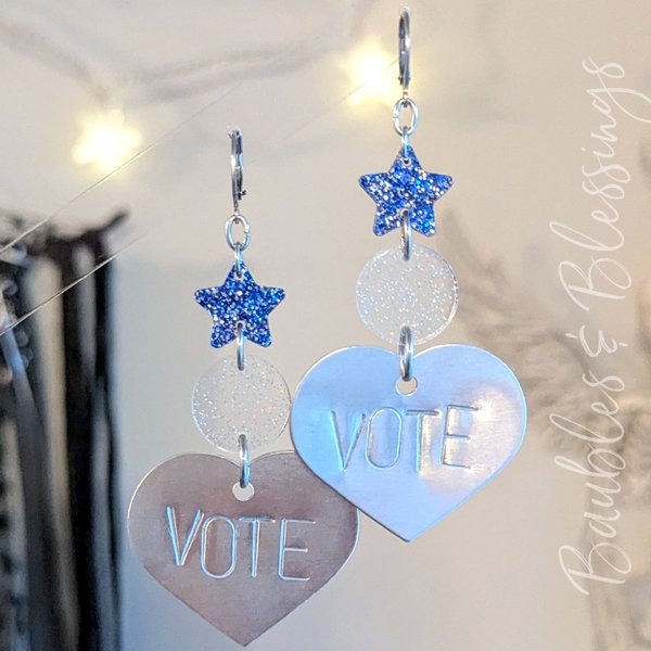 Hand-stamped VOTE Earrings with Glittery Acrylic Charms