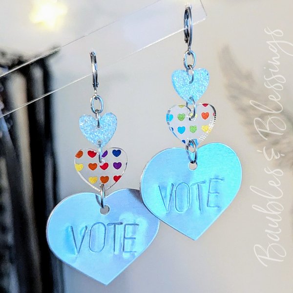Hand-stamped VOTE Earrings with Rainbow Hearts