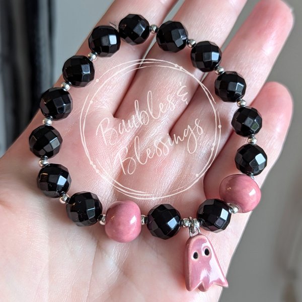 Pink Ghost Bracelet with Onyx & Ceramic Beads (MTO)