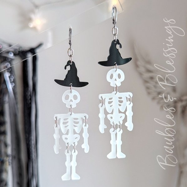 Lightweight Glow in the Dark Skeleton Earrings with Witch Hats