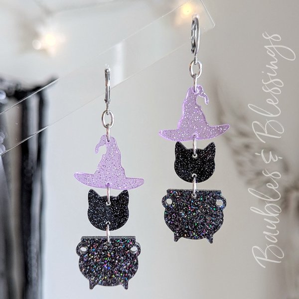 Super Sparkly Witchy Kitty Earrings with Cauldrons