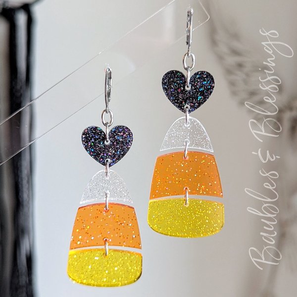 Sparkly Candy Corn Earrings with Black Glitter Hearts