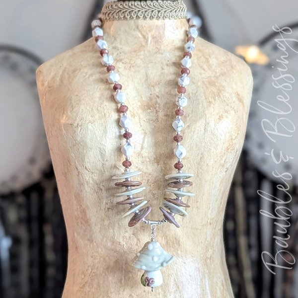 Mushroom Necklace with Howlite & Purple Aventurine