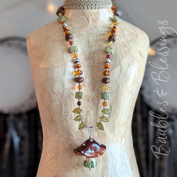 Earthy Mushroom Necklace with Amber, Green Opal & Czech Glass