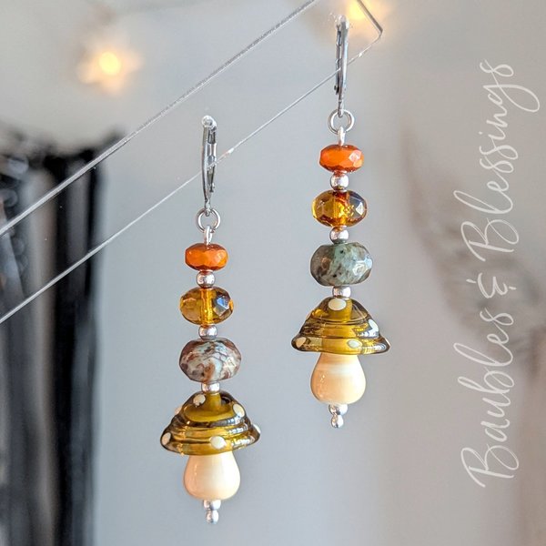 Earthy Mushroom Earrings with Green Opal & Czech Glass