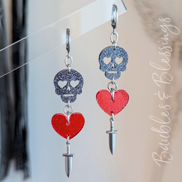 Glittery Skull Earrings with Sparkly Hearts & Dangly Daggers