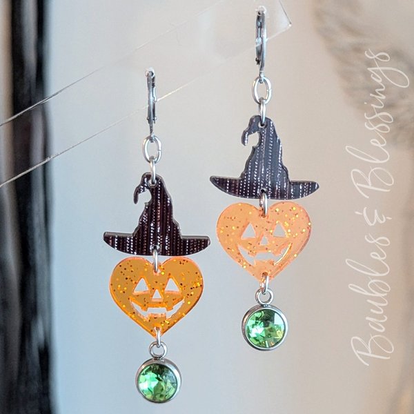 Glittery Jack-o-lantern Heart Earrings with Witch Hats & Green Gems