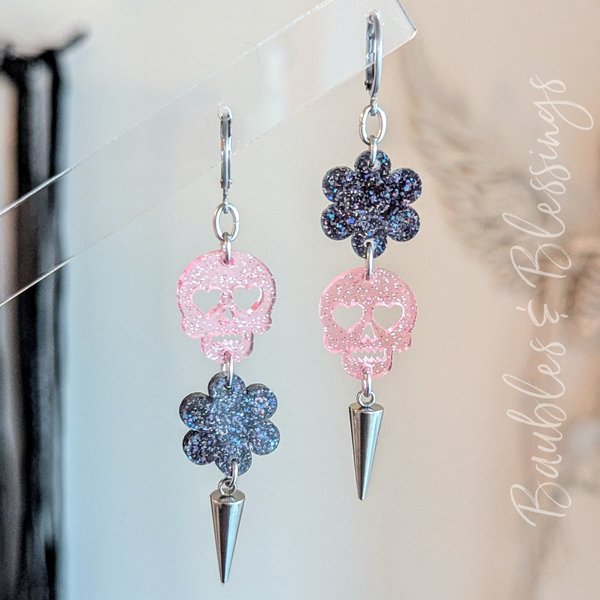 Glittery Pink Skull Earrings with Black Flowers & Steel Spikes