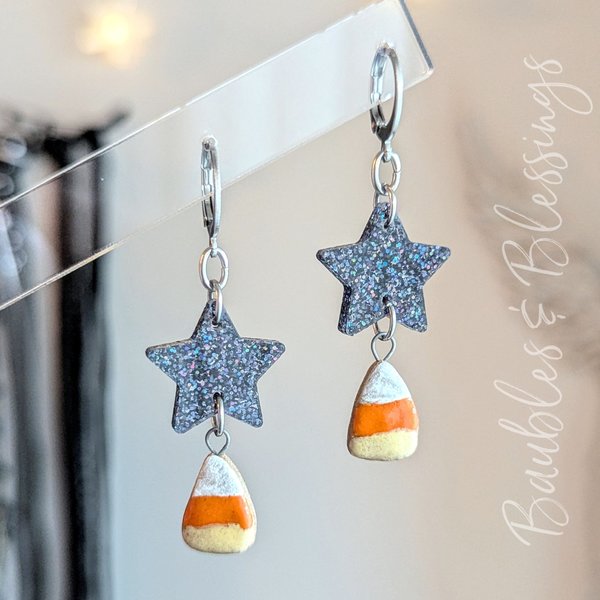 Ceramic Candy Corn Earrings with Holographic Black Stars