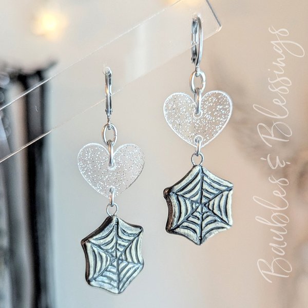 Ceramic Spiderweb Earrings with Glittery Acrylic Hearts