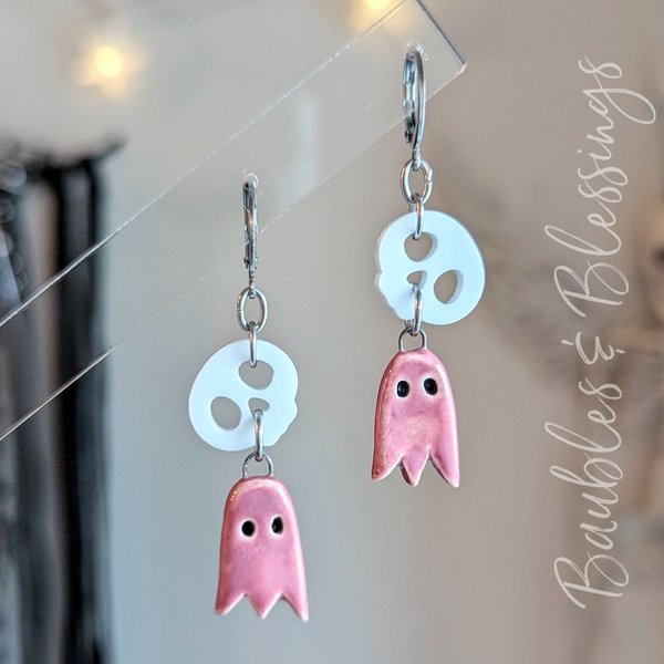 Dark Pink Ceramic Ghost Earrings with Adorable Acrylic Skulls
