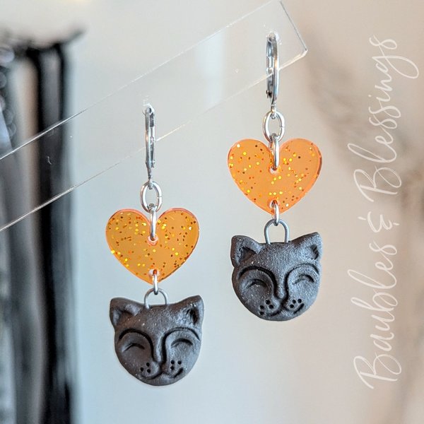 Ceramic Black Cat Earrings with Glittery Orange Hearts