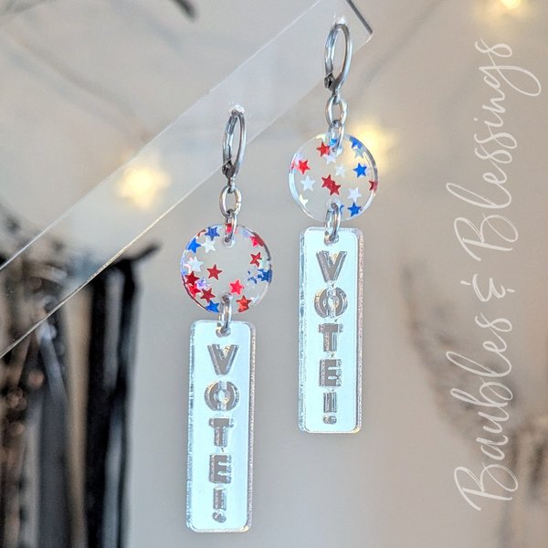 Vote Earrings with Patriotic Star Confetti & Bar Charms