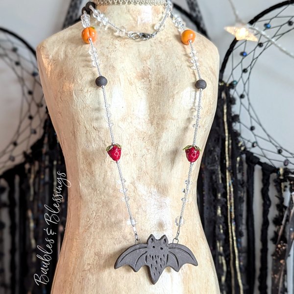 Sweet Fruit Bat Necklace with Esmerical Beads & Gaea Pendant