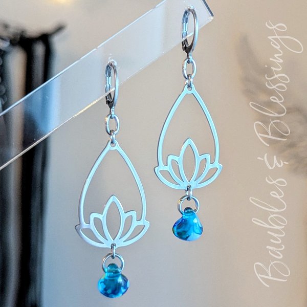 Stainless Steel Lotus Earrings with Lampwork Glass
