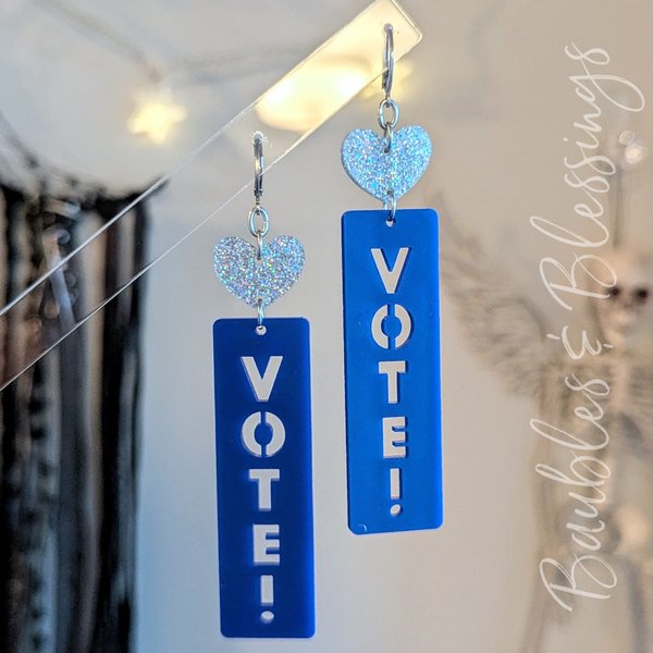 XL Vote Blue Earrings with Holographic Glitter Hearts